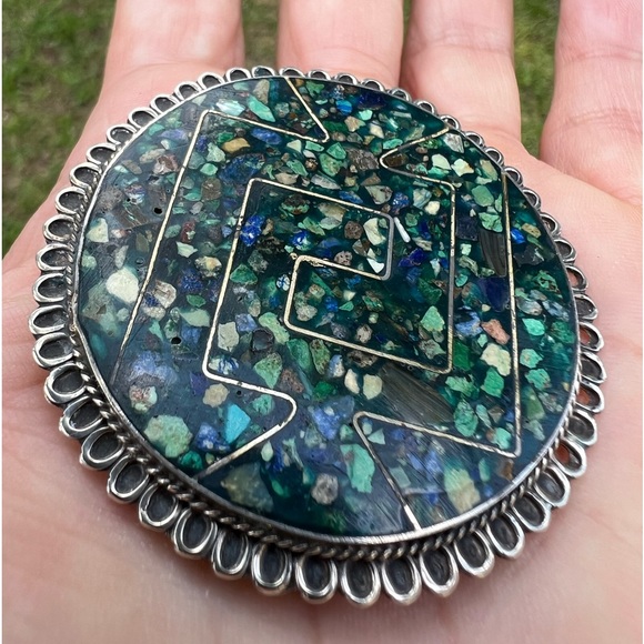 Vintage Sterling Silver Taxco Mexico Turquoise & Lapis Inlay Brooch Pendant - Picture 6 of 17
